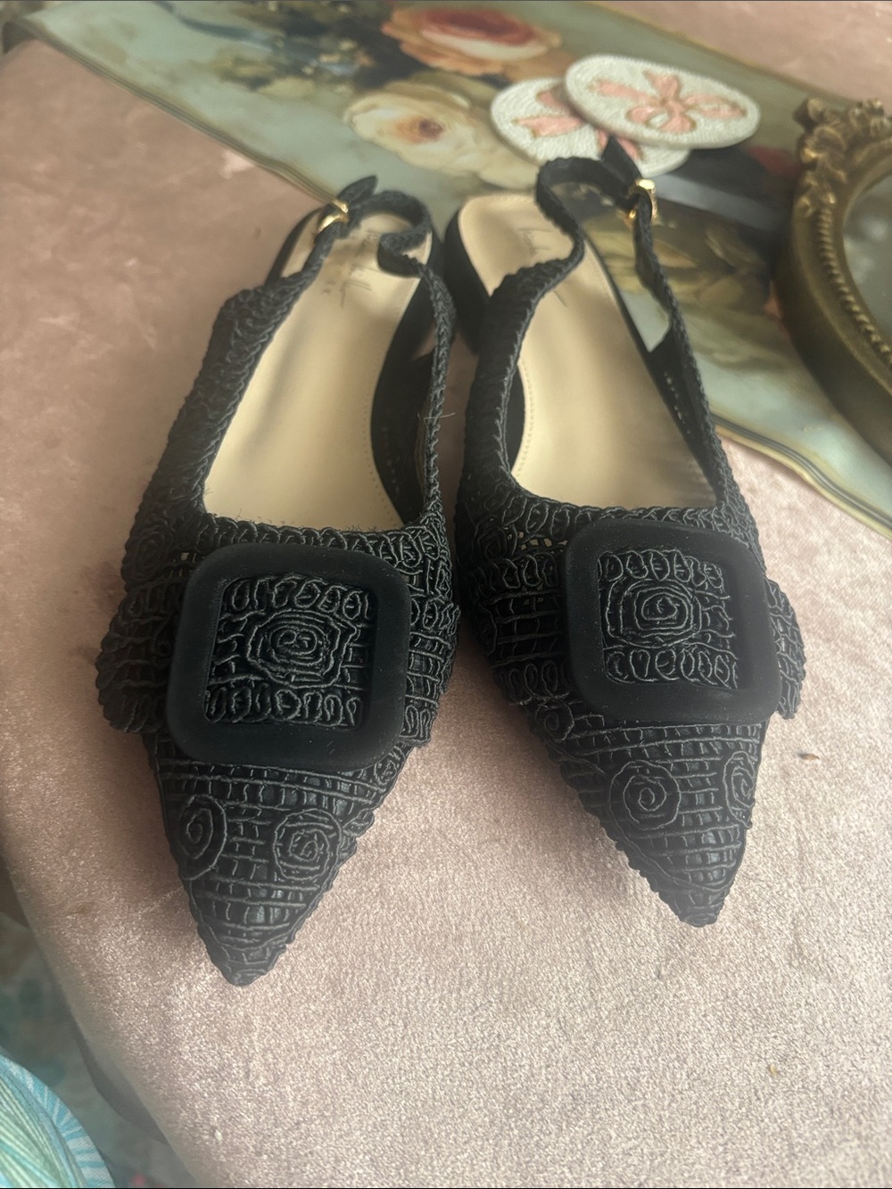 Nicole Miller Black Embroidered Pointed Slingback Flats with Buckle